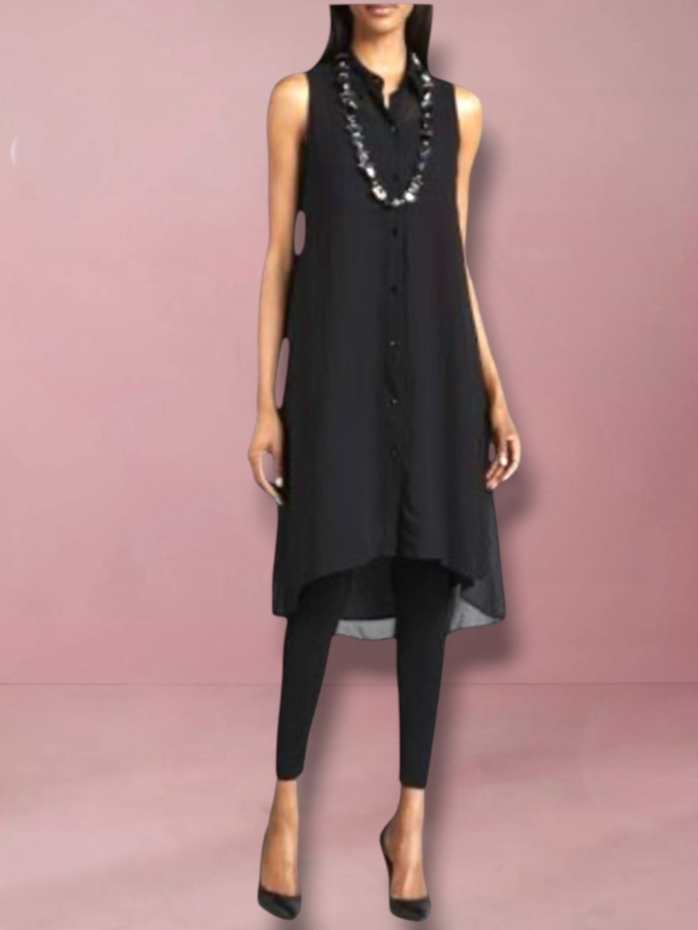 EILEEN FISHER BLACK SHEER SILK GEORGETTE TUNIC DRESS SIZE MEDIUM